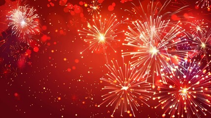 Wall Mural - Red Fireworks Celebration Background with Golden Lights