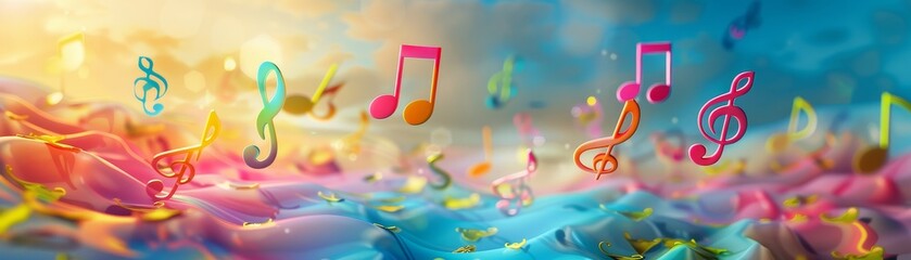 Poster - Colorful Music Notes Floating in a Dreamlike Landscape - A colorful and vibrant illustration featuring music notes floating in a dreamy landscape. The notes are arranged in a way that suggests a music