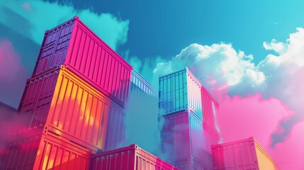 Poster - Colorful Shipping Containers Against a Blue Sky - A stack of colorful shipping containers against a blue sky with white clouds. The containers are arranged in a random pattern, creating a vibrant and 