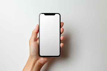 Smartphone mockup on hand with white blank screen created with Generative AI