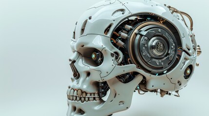 Poster - Cybernetic Skull, Futuristic Technology and Artificial Intelligence - A 3D rendered image of a cybernetic skull, a futuristic concept of a robot head with intricate mechanical details, highlighting th
