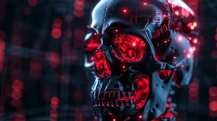 Wall Mural - Cybernetic Skull in Digital Realm - A close-up of a chrome skull with glowing red lights, representing the fusion of technology and the human form. - A close-up of a chrome skull with glowing red ligh