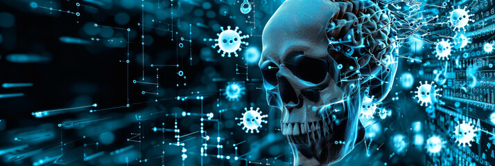 Poster - Cybersecurity Threat: Skull, Viruses, and Digital Data - A skull is surrounded by viruses and digital data, symbolizing the threats to cybersecurity. - A skull is surrounded by viruses and digital dat