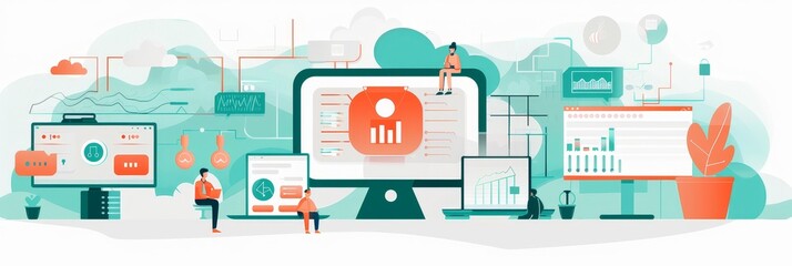 Poster - Data Analytics and Visualization for Business Growth - Illustration depicting data analytics and visualization for business growth. It showcases various dashboards, charts, and graphs representing dat