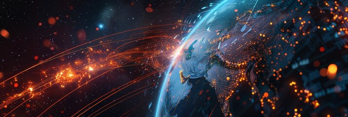Poster - Digital Earth: Global Network of Connections - A stylized digital depiction of Earth, emphasizing the interconnectedness of the global network, illuminated with glowing lines and data streams. The ima