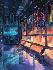 Poster - Digital Control Room - An illustration of a digital control room with numerous screens displaying data, charts, and other digital information. - An illustration of a digital control room with numerous