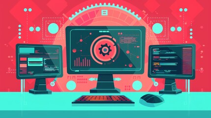 Wall Mural - Digital World: Technology and Design - An illustration depicting a computer setup with three monitors, showcasing a digital interface with code and graphical elements, symbolizing technology and desig