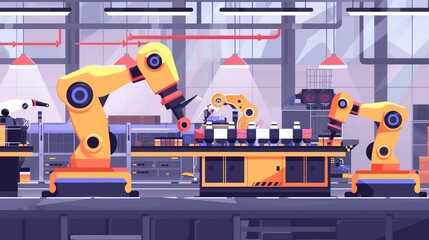 Poster - factory automation: industrial robots in action - a depiction of a factory setting with industrial r