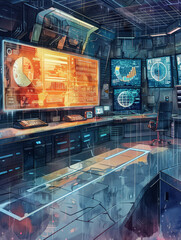 Poster - Futuristic Control Room Interior Design - A digitally painted image of the interior of a futuristic control room with a large screen, multiple desks, chairs, and various technological gadgets. - A dig
