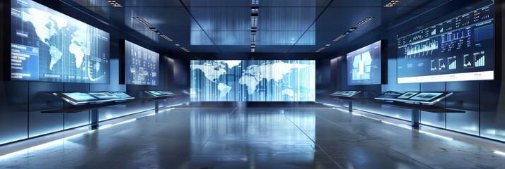 Poster - Futuristic Control Room with World Map Displays - A futuristic control room with several large screens displaying world maps and data analytics. - A futuristic control room with several large screens 