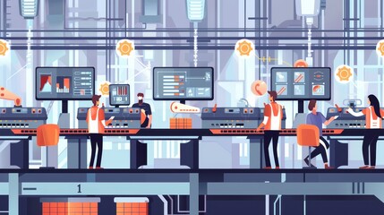 Poster - futuristic factory control room illustration - an illustration depicting a futuristic factory contro
