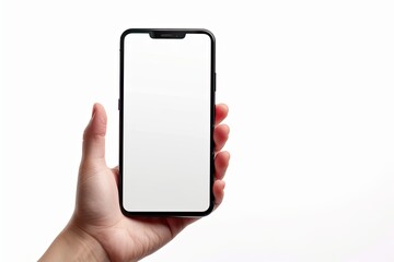 Smartphone mockup on hand with white blank screen created with Generative AI