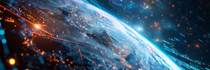 Poster - Global Network Connections - A stylized illustration of a blue earth with lines of light representing network connections. The image conveys the concept of a global interconnected world. - A stylized 