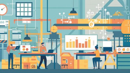 Poster - Industrial Automation and Data Analysis - A futuristic illustration showcasing an industrial factory with automated systems and data analysis being performed on a computer. - A futuristic illustration