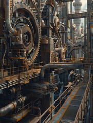 Poster - Industrial Complex: A Futuristic Metal Structure - A close-up view of an intricate metal structure with gears, pipes, and walkways, showcasing a futuristic industrial complex. - A close-up view of an 