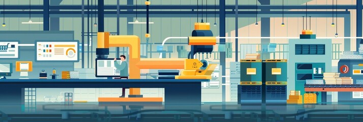 Poster - industrial factory interior illustration - illustration of an industrial factory interior with a rob