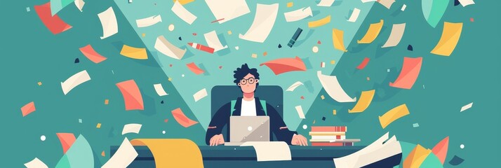 Poster - Man Working on Laptop With Paper Flying Around Him - A man is sitting in front of his laptop, while papers fly around him. He looks busy and overwhelmed by the work. - A man is sitting in front of his