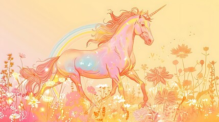 Wall Mural - A beautiful unicorn is running through a field of flowers. The unicorn is white with a pink mane and tail. The flowers are pink, yellow, and orange.