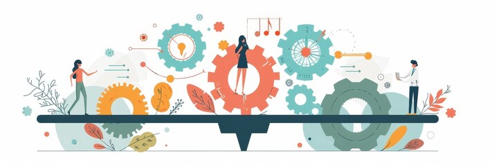 Poster - people on gears concept - a colorful illustration depicting people on gears, representing teamwork, 