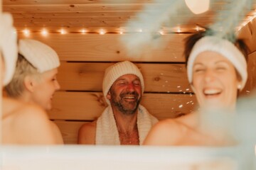 People of Mixed Age and Gender Enjoying a Warm, Sociable Sauna Session Together, Experiencing Joy and Relaxation in a Cozy Cabin Environment