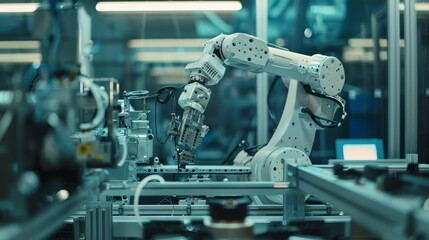 Poster - robotic arm in a manufacturing facility - a close-up view of a robotic arm operating in a manufactur