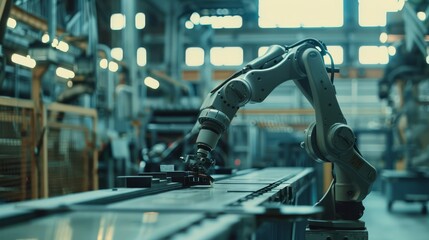 Poster - robotic arm in factory setting - a robotic arm working on an assembly line in a factory setting. the
