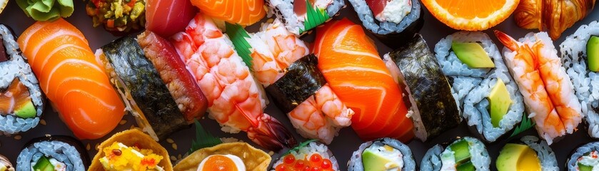 Sushi Platter: A Variety of Japanese Delights - A close-up shot of a colorful sushi platter featuring an assortment of nigiri and maki rolls. Salmon, tuna, shrimp, and avocado are some of the ingredie