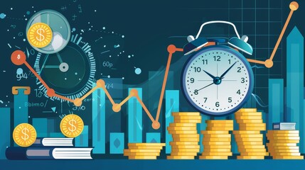 Poster - Time is Money:  Financial Growth and Investment - An image representing financial growth and investment, with a clock, coins, charts, and dollar signs symbolizing the importance of time and money for 