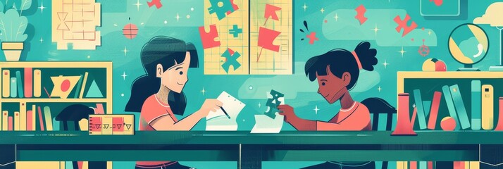 Two girls working on a puzzle - Two young girls working together on a puzzle, sitting at a desk with bookshelves and colorful illustrations on the walls. - Two young girls working together on a puzzle