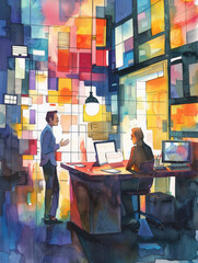 Poster - Two people having a conversation in an office - A watercolor illustration depicting two people, a man and a woman, having a conversation in an office setting. The workspace is modern and filled with t