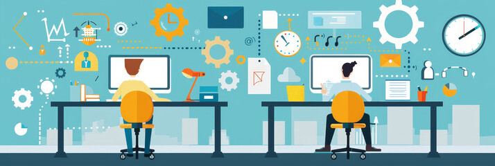 Poster - Two People Working at Desk with Technology Icons - Two people are sitting at their desks, working on computers, with various technology icons surrounding them, illustrating a concept of teamwork and c