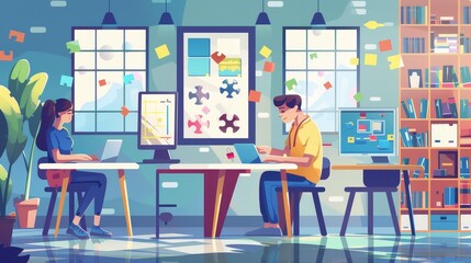 Wall Mural - Two People Working on Computers in an Office - An illustration of two people working on their computers in an office setting, showcasing a collaborative work environment. - An illustration of two peop