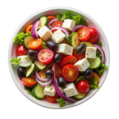 Greek salad on white bowl top view isolated on transparent background