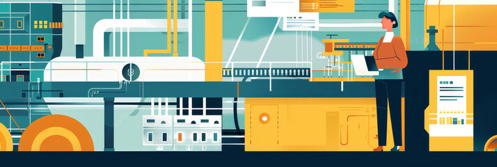 Poster - Woman in a Industrial Setting - A woman standing in an industrial setting with machinery and control panels around her. - A woman standing in an industrial setting with machinery and control panels ar