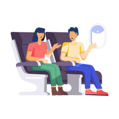 Poster - A flat illustration of talking flight passengers 

