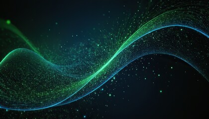 Wall Mural - digital blue and green particles wave and light abstract background with shining dots stars 156