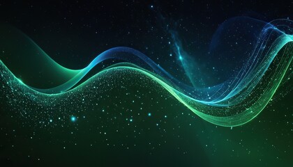 Wall Mural - digital blue and green particles wave and light abstract background with shining dots stars 156