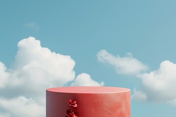Poster - Stylish Minimalist Red Podium on Sky Blue Background for Modern Product Display, Bright Daylight Setting