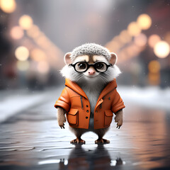 Cute cartoon hedgehog wearing glasses and an orange jacket. Adorable animal illustration, perfect for children's books, clothing, and social media.