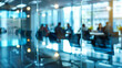 © Elbitaso - Dehaze office meeting. Beautifully blurred background of bright contemporary office space with panoramic windows stunning lighting. Business office with blurred people formal wear, with blurred bokeh