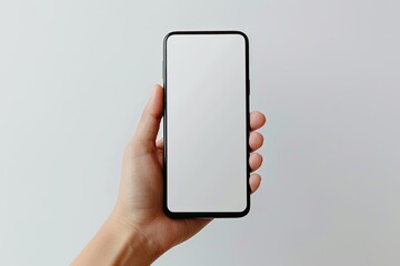 Smartphone mockup on hand with white blank screen created with Generative AI