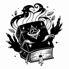 Mysterious Magic Book with Enchanting Symbols and Ethereal Effects in Monochrome Illustration