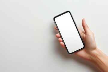 Smartphone mockup on hand with white blank screen created with Generative AI