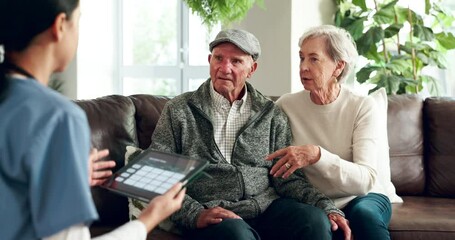 Poster - Senior couple, consulting and nurse with tablet for healthcare, daily schedule or routine at home. Man and woman talking to caregiver in elderly care on technology for diet plan or kidney dialysis