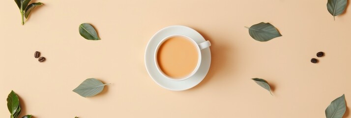 Poster - Artistic Minimalist Coffee Composition - Symmetrical Coffee Beans and Cup on a Light Beige Background