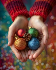 Wall Mural - Woman Holding Christmas Ornaments and Pine Cones, Festive Studio Shot with Colorful Background