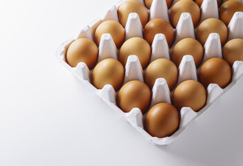 Poster - Close-up of raw eggs in rows on egg carton and white floor, South Korea
