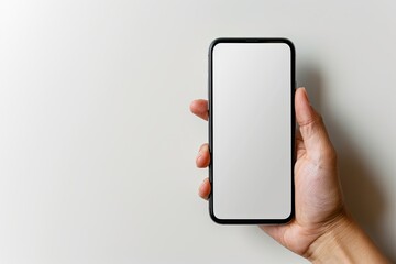 Smartphone mockup on hand with white blank screen created with Generative AI