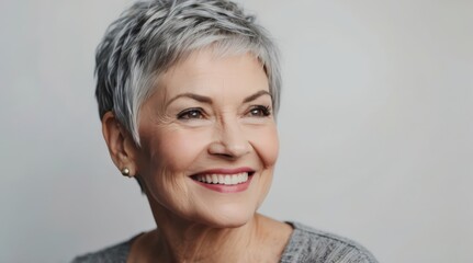 Wall Mural - Portrait of beautiful white caucasian senior woman short pixie hair cut in front of white studio background