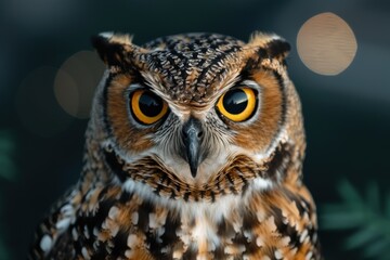 Poster - Close-up portrait of a majestic owl with piercing yellow eyes